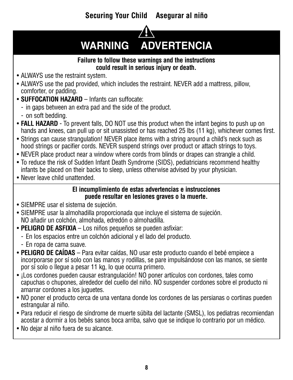Warning advertencia | Fisher-Price W9443 User Manual | Page 8 / 12