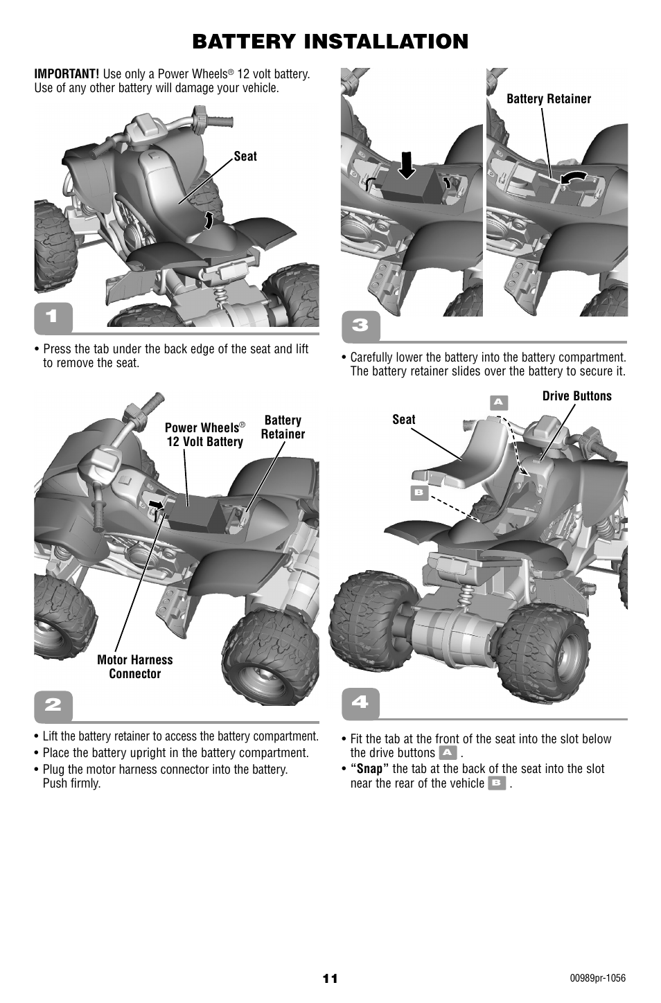 Battery installation | Fisher-Price W554 User Manual | Page 11 / 20