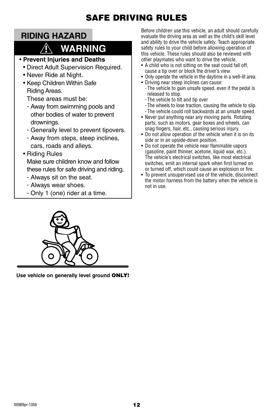 Warning, Riding hazard, Safe driving rules | Fisher-Price W554 User Manual | Page 12 / 20