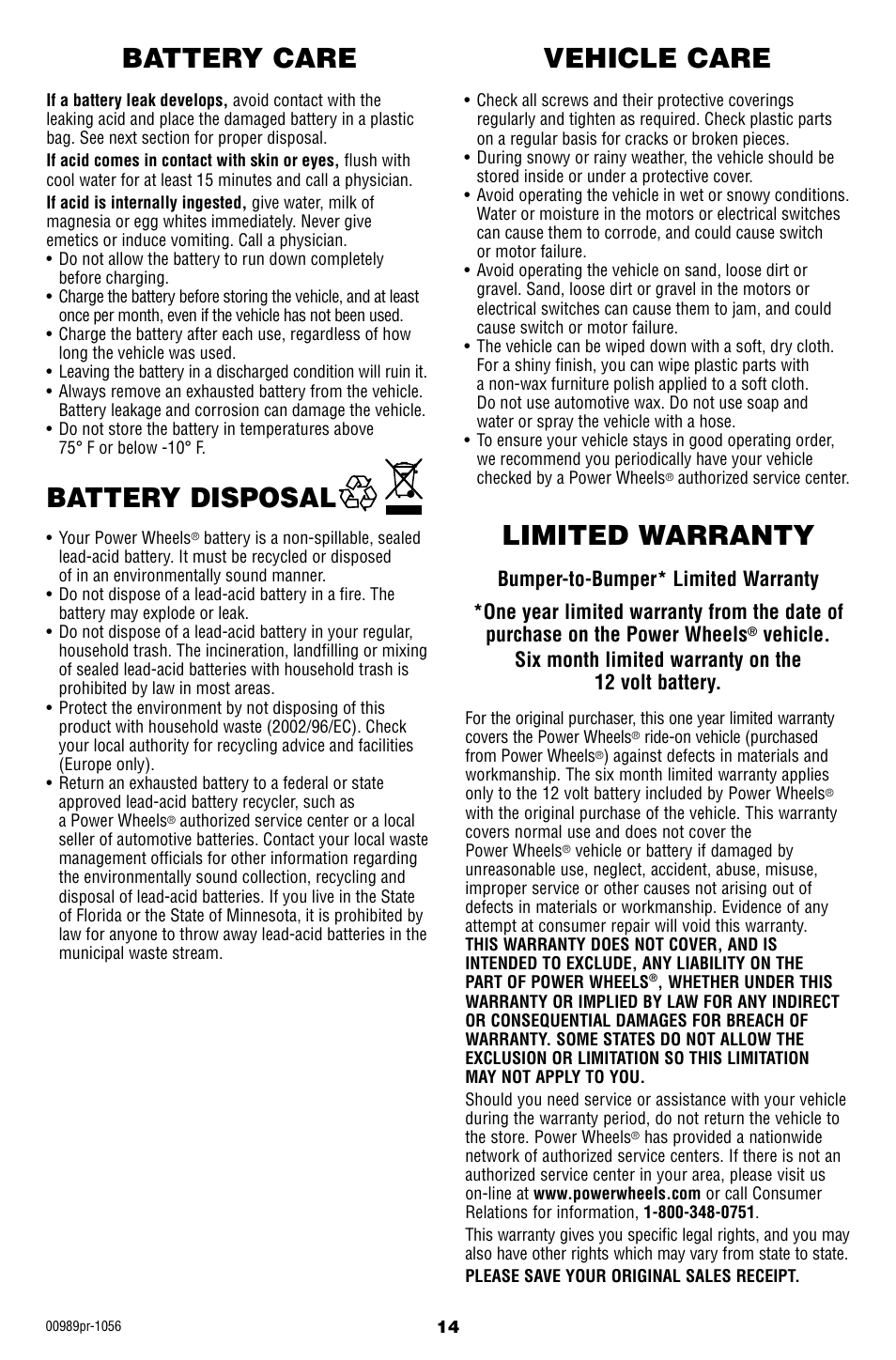 Vehicle care, Limited warranty, Battery disposal | Battery care | Fisher-Price W554 User Manual | Page 14 / 20