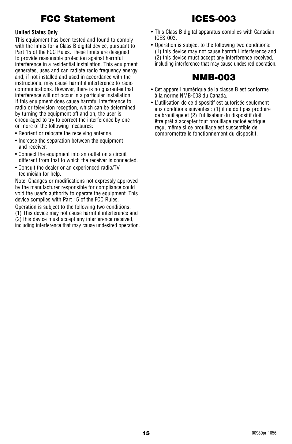 Ices-003, Nmb-003, Fcc statement | Fisher-Price W554 User Manual | Page 15 / 20