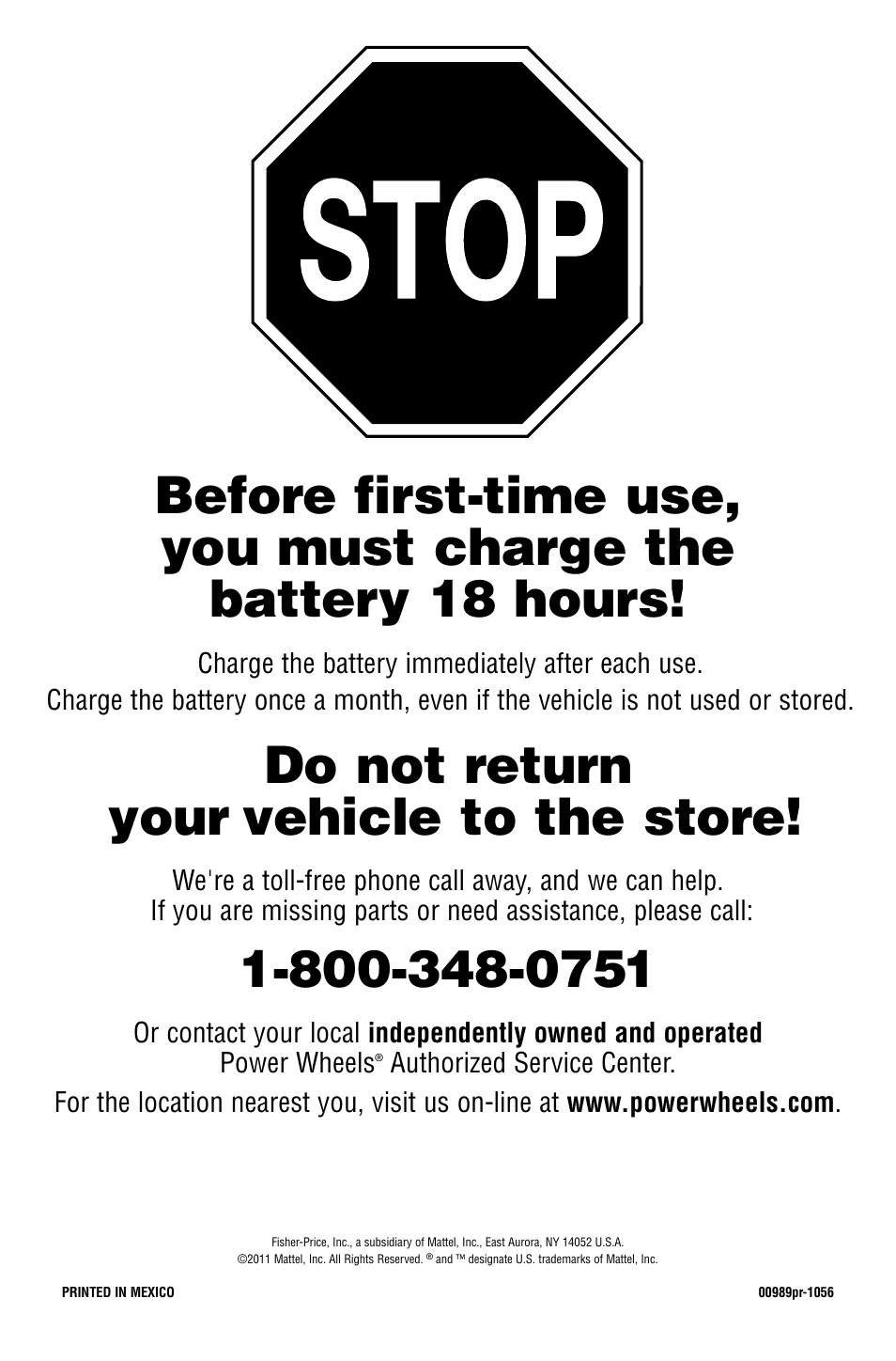 Do not return your vehicle to the store | Fisher-Price W554 User Manual | Page 20 / 20