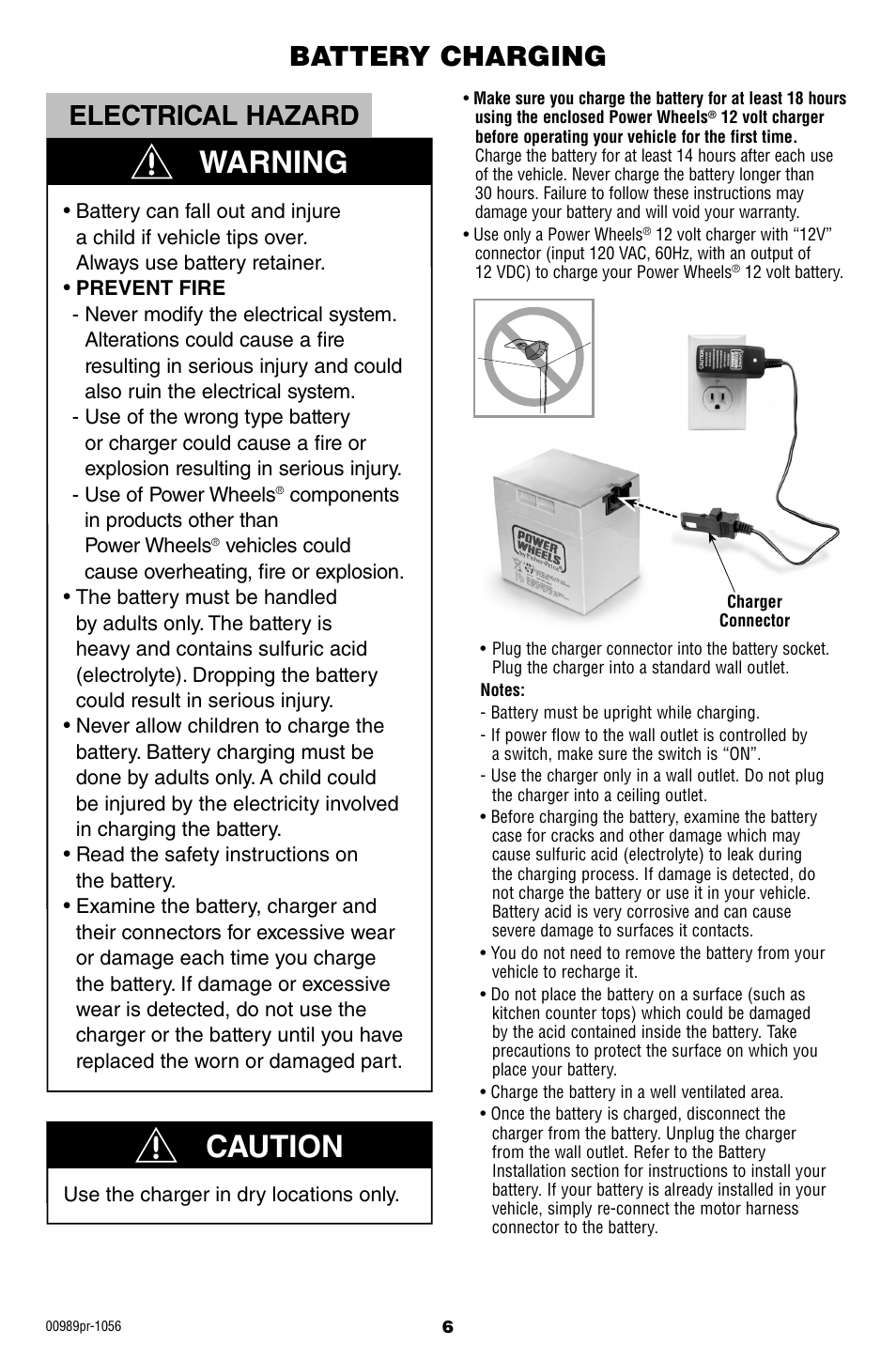 Warning, Caution, Electrical hazard | Battery charging | Fisher-Price W554 User Manual | Page 6 / 20