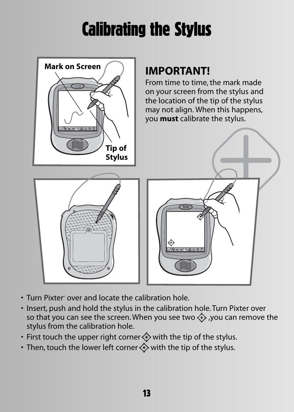 Calibrating the stylus, Important | Fisher-Price 73974B-0920 User Manual | Page 13 / 16