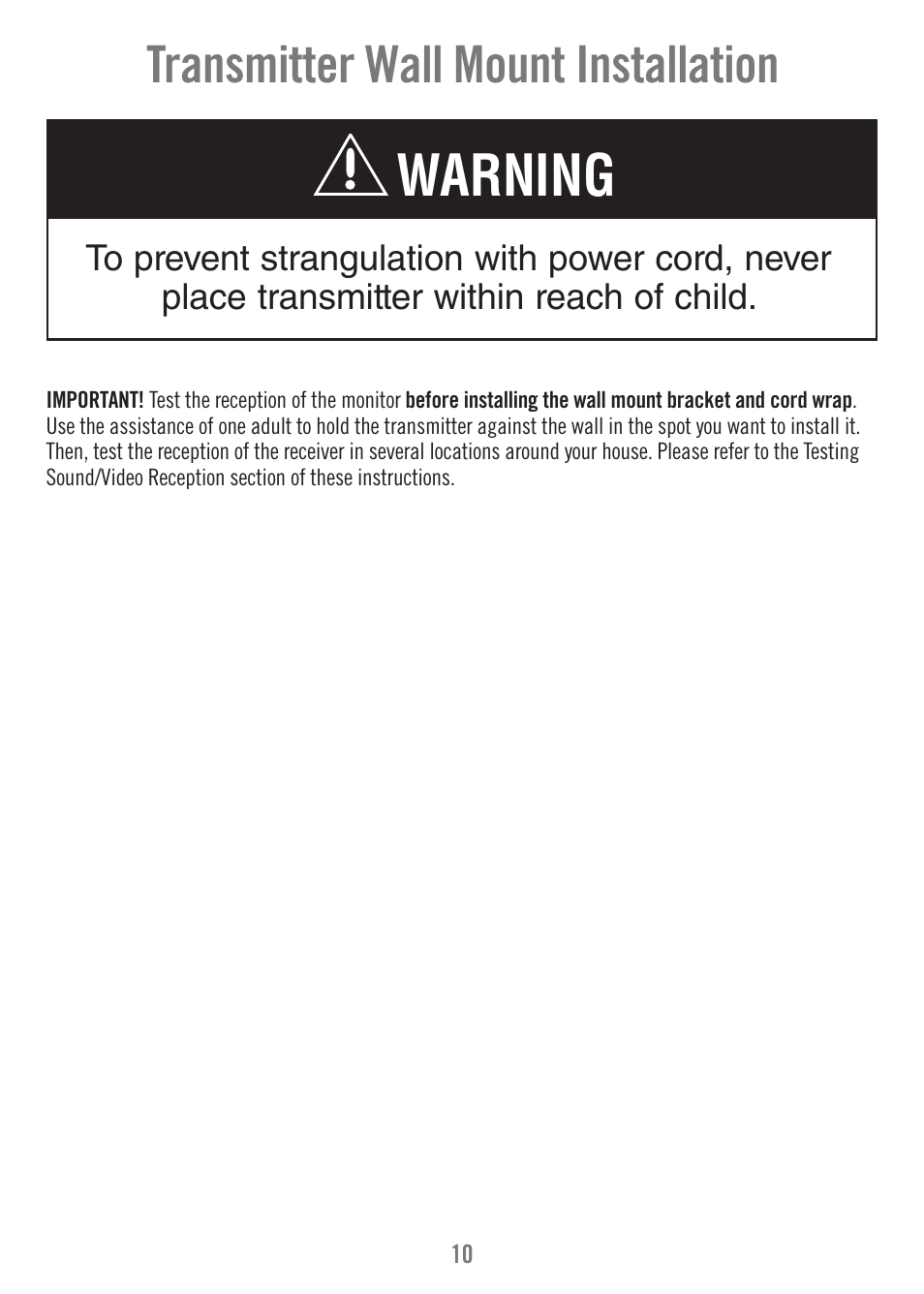 Warning, Transmitter wall mount installation | Fisher-Price N9326 User Manual | Page 10 / 32