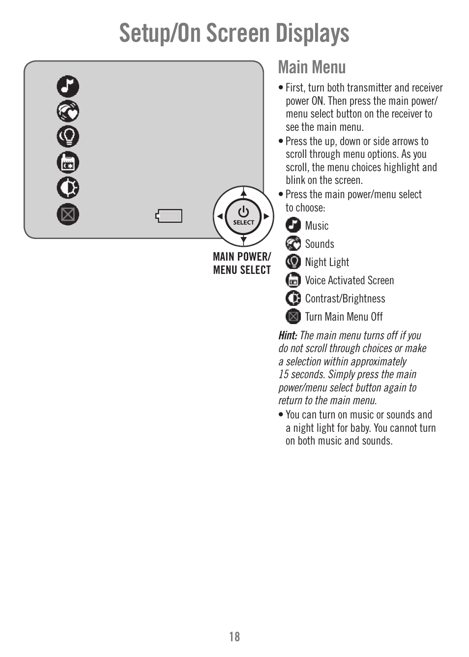 Setup/on screen displays, Main menu | Fisher-Price N9326 User Manual | Page 18 / 32