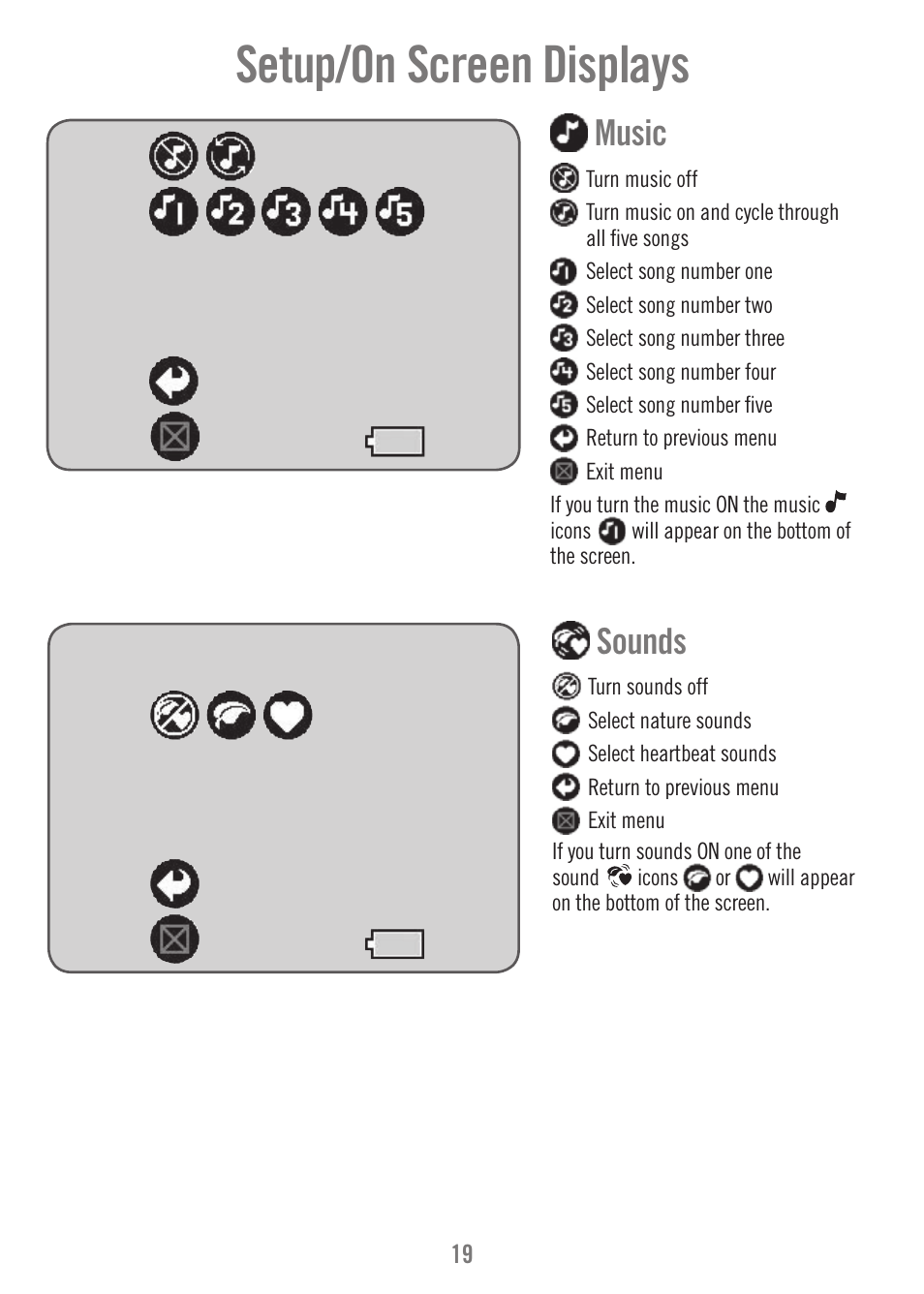 Setup/on screen displays, Sounds, Music | Fisher-Price N9326 User Manual | Page 19 / 32