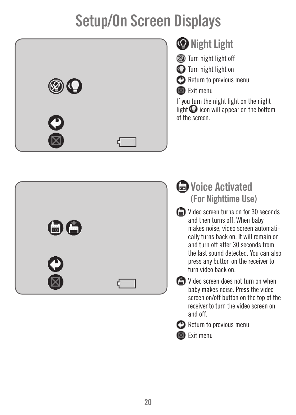 Setup/on screen displays, Night light, Voice activated | For nighttime use) | Fisher-Price N9326 User Manual | Page 20 / 32