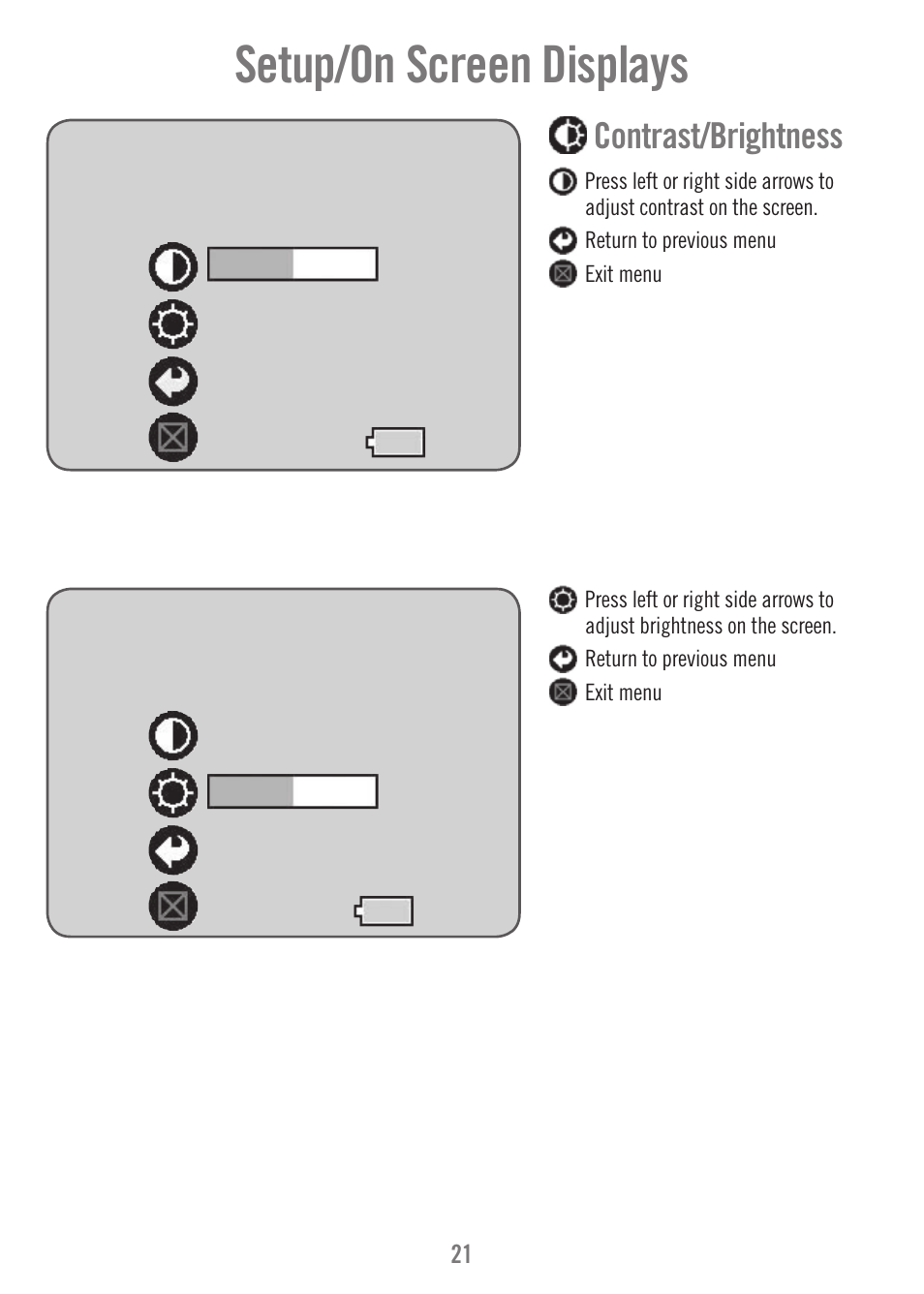 Setup/on screen displays, Contrast/brightness | Fisher-Price N9326 User Manual | Page 21 / 32