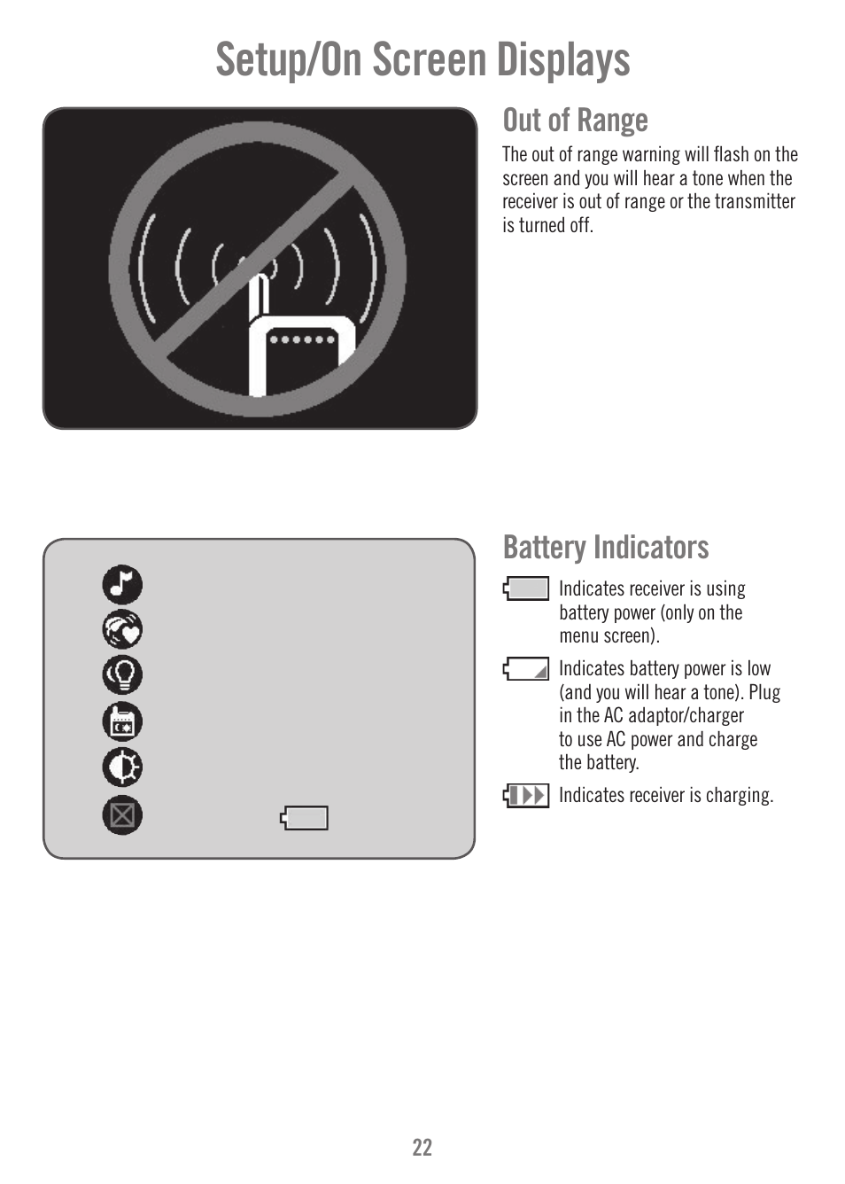 Setup/on screen displays, Out of range, Battery indicators | Fisher-Price N9326 User Manual | Page 22 / 32
