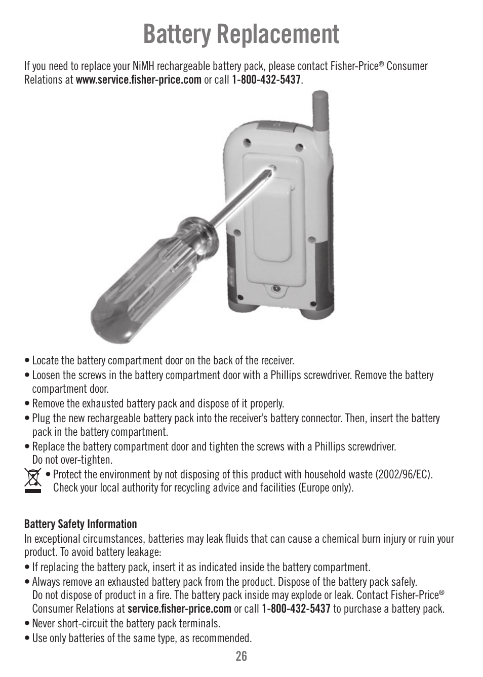Battery replacement | Fisher-Price N9326 User Manual | Page 26 / 32