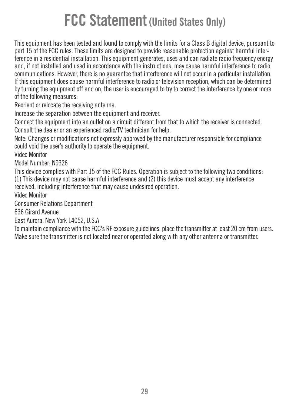 Fcc statement | Fisher-Price N9326 User Manual | Page 29 / 32