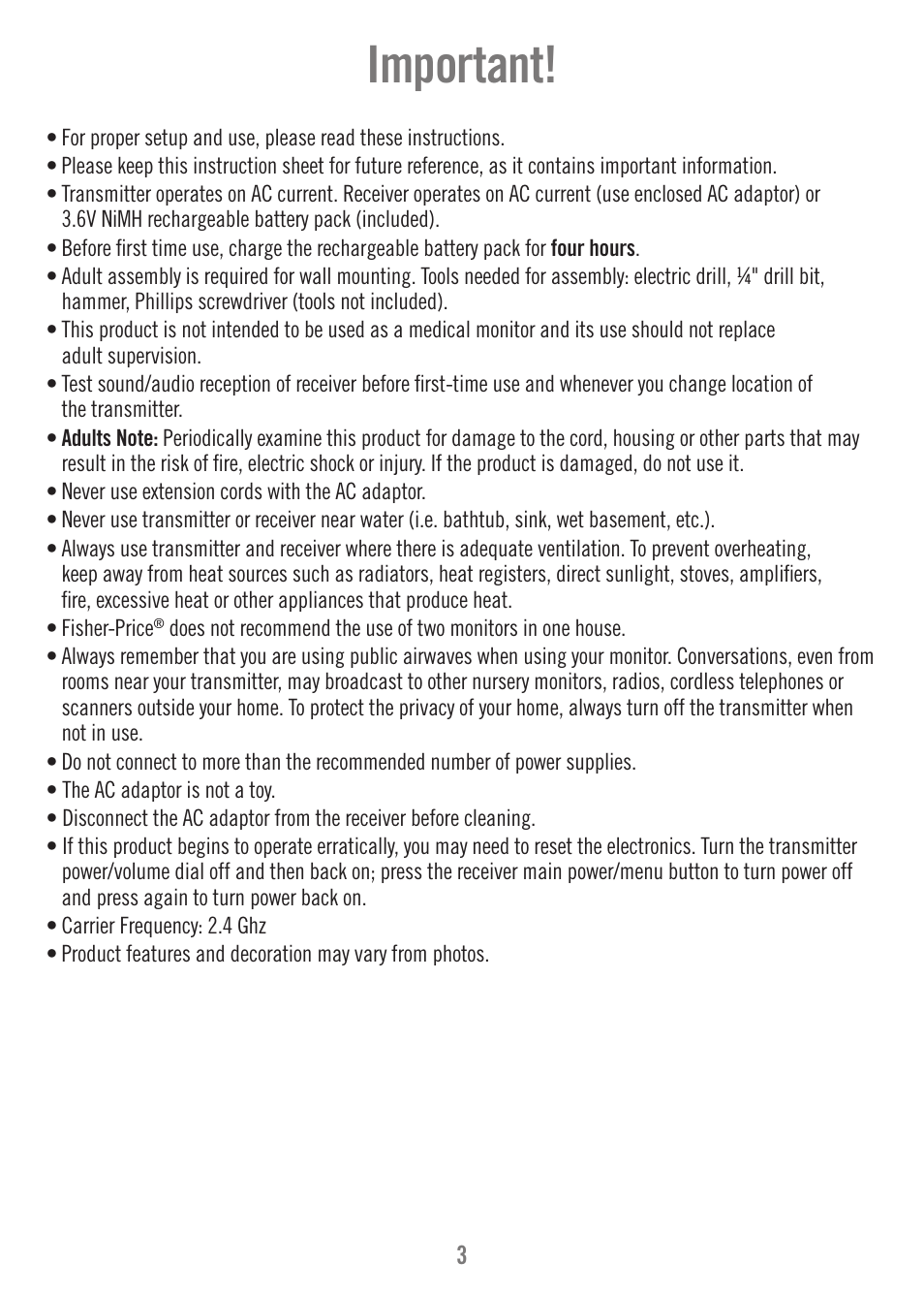 Important | Fisher-Price N9326 User Manual | Page 3 / 32