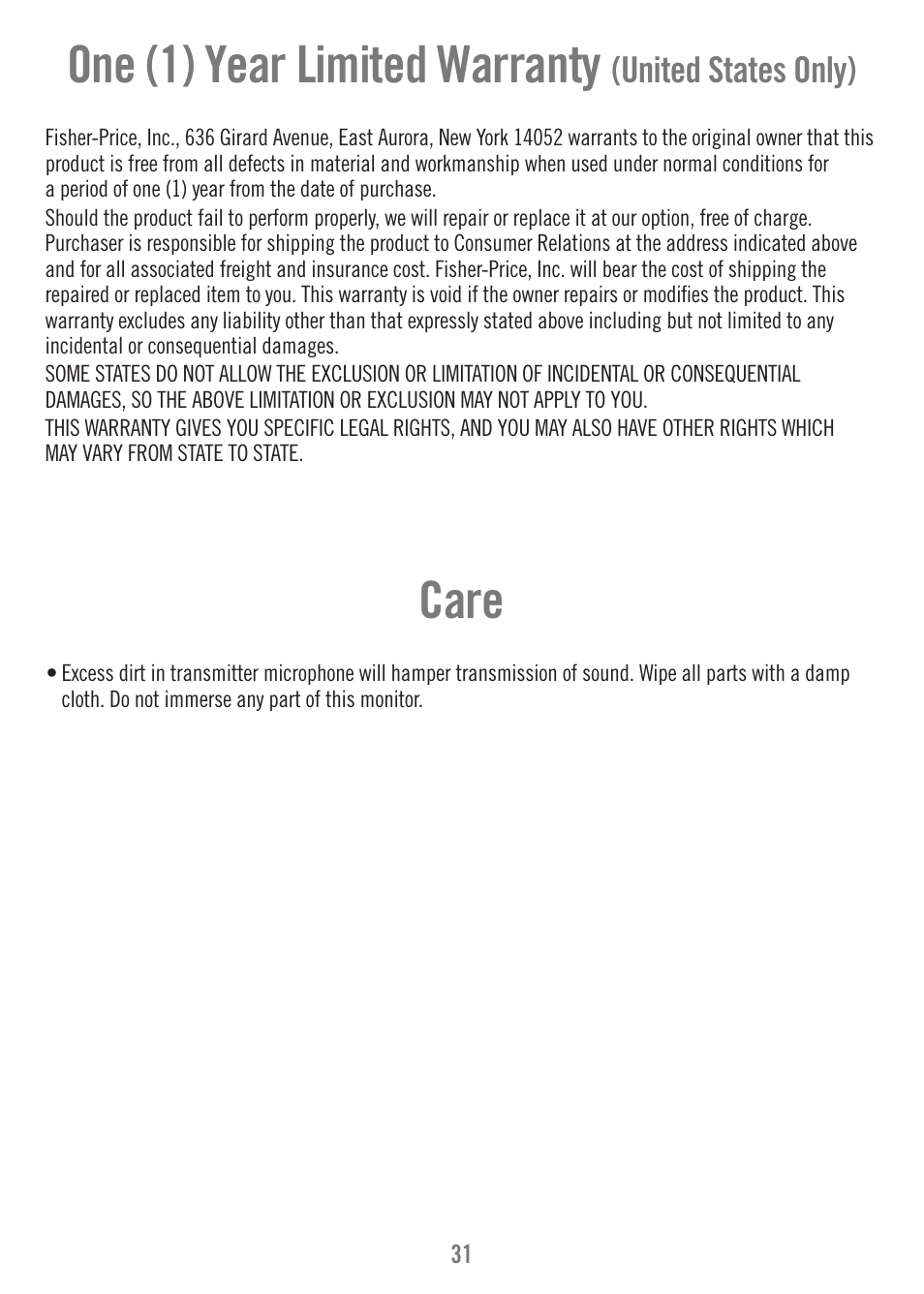 Care, One (1) year limited warranty | Fisher-Price N9326 User Manual | Page 31 / 32
