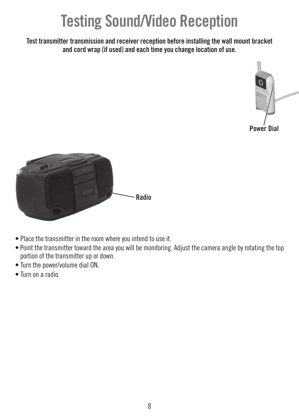 Testing sound/video reception | Fisher-Price N9326 User Manual | Page 8 / 32