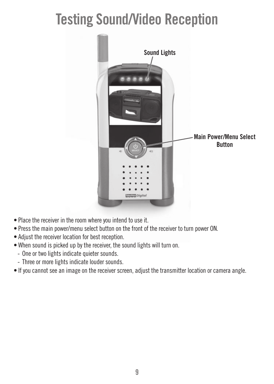 Testing sound/video reception | Fisher-Price N9326 User Manual | Page 9 / 32