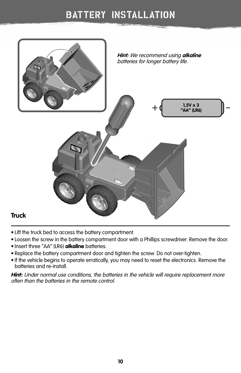 Battery installation, Truck | Fisher-Price V7310 User Manual | Page 10 / 16