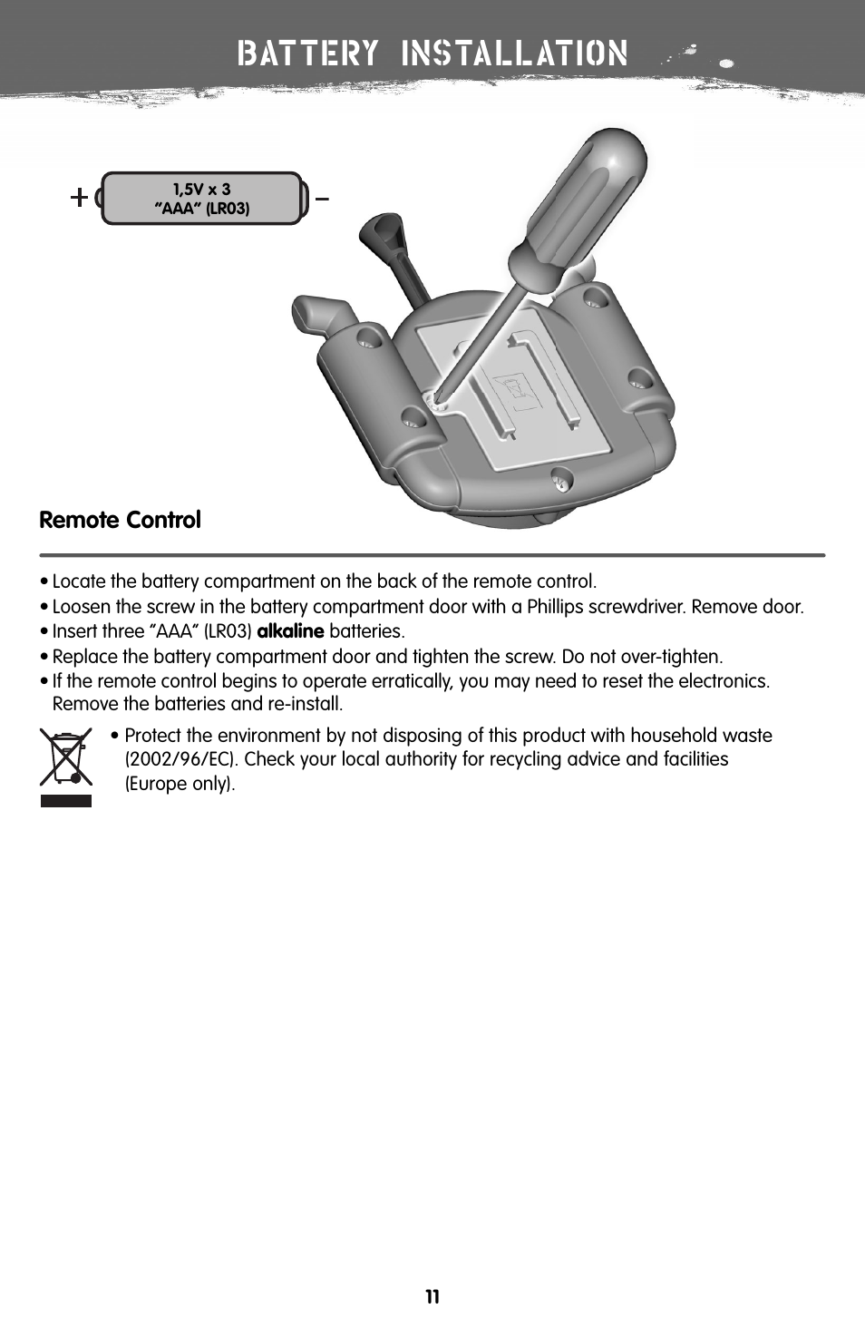 Battery installation, Remote control | Fisher-Price V7310 User Manual | Page 11 / 16