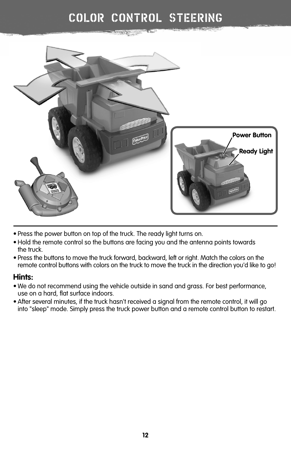 Color control steering, Hints | Fisher-Price V7310 User Manual | Page 12 / 16