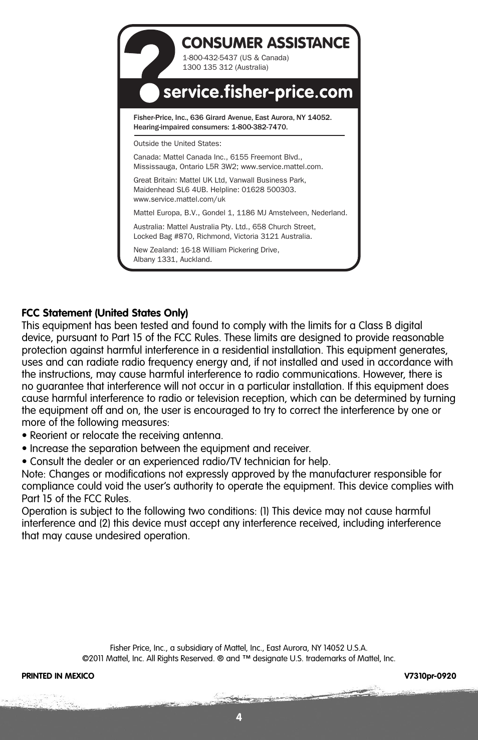Consumer assistance | Fisher-Price V7310 User Manual | Page 4 / 16