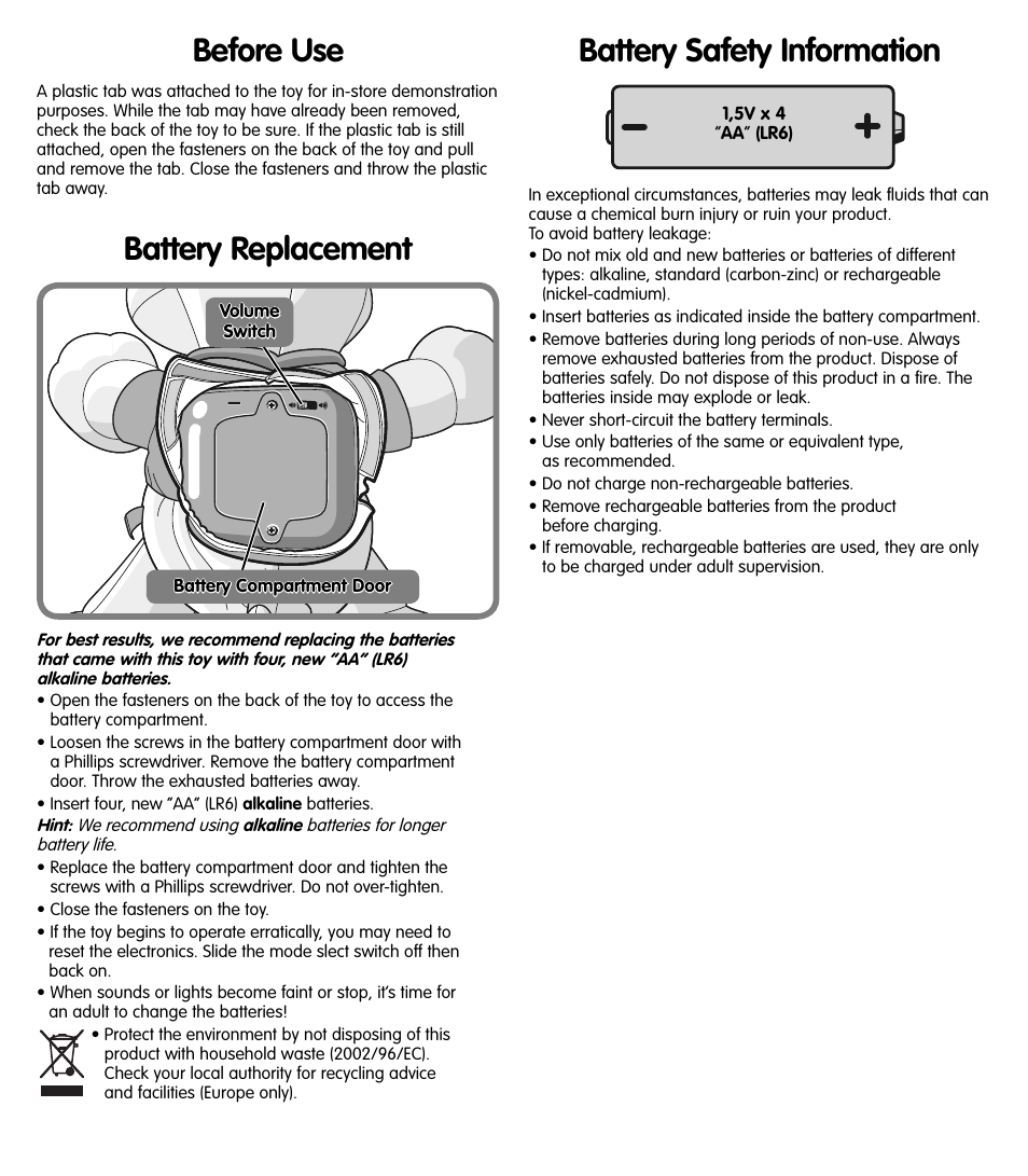 Battery safety information, Before use, Battery replacement | Fisher-Price N3206 User Manual | Page 2 / 4