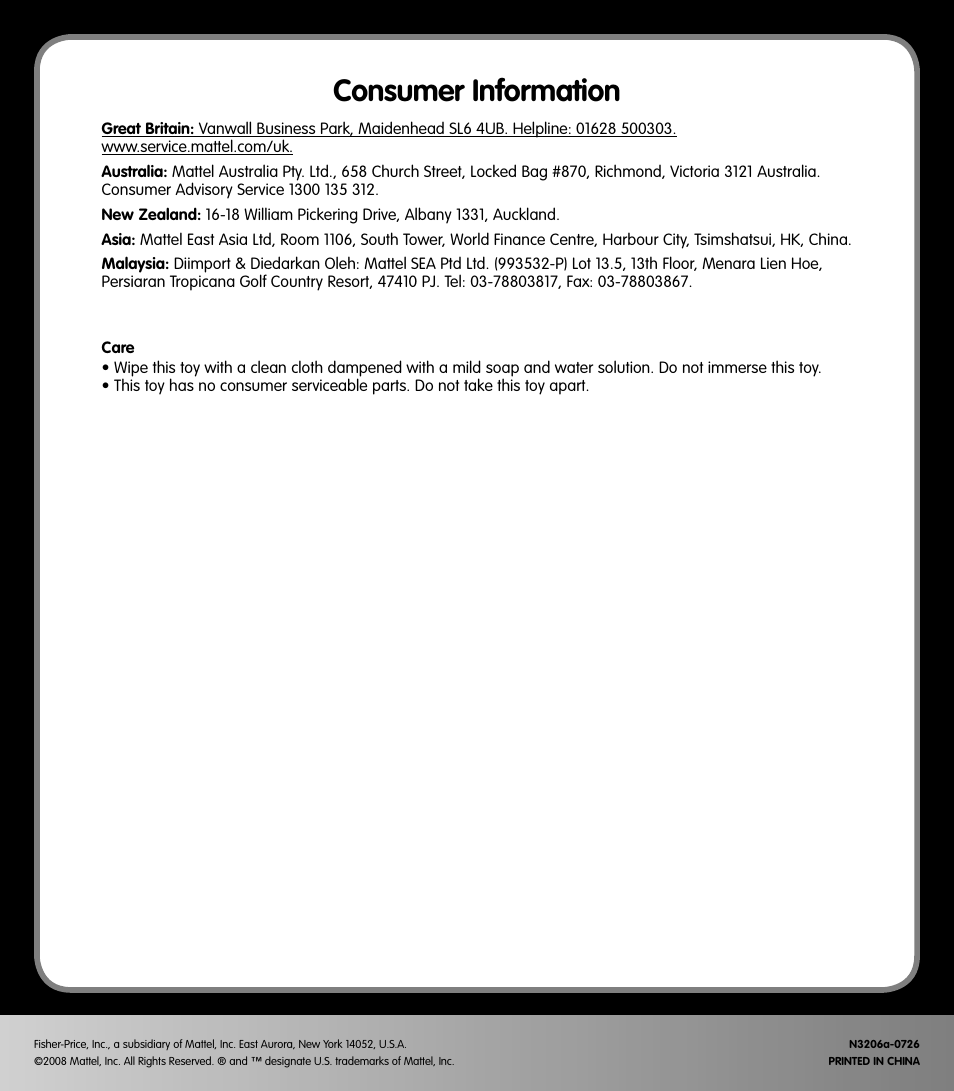 Consumer information | Fisher-Price N3206 User Manual | Page 4 / 4