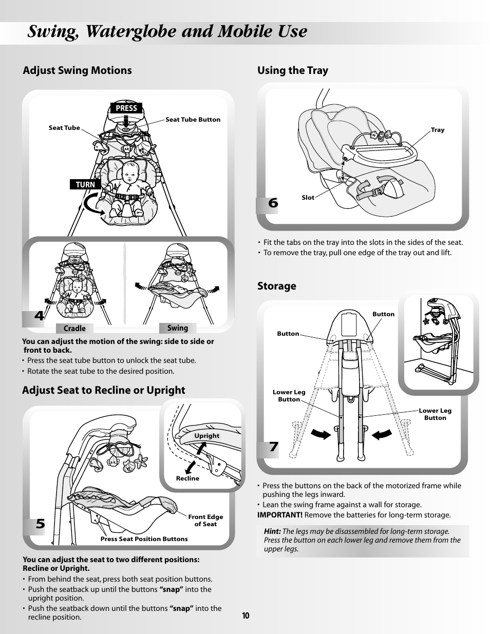 Swing, waterglobe and mobile use, Adjust seat to recline or upright, Adjust swing motions | Storage, Using the tray | Fisher-Price OCEAN WONDERSTM AQUARIUM CRADLE SWING 79667 User Manual | Page 10 / 12