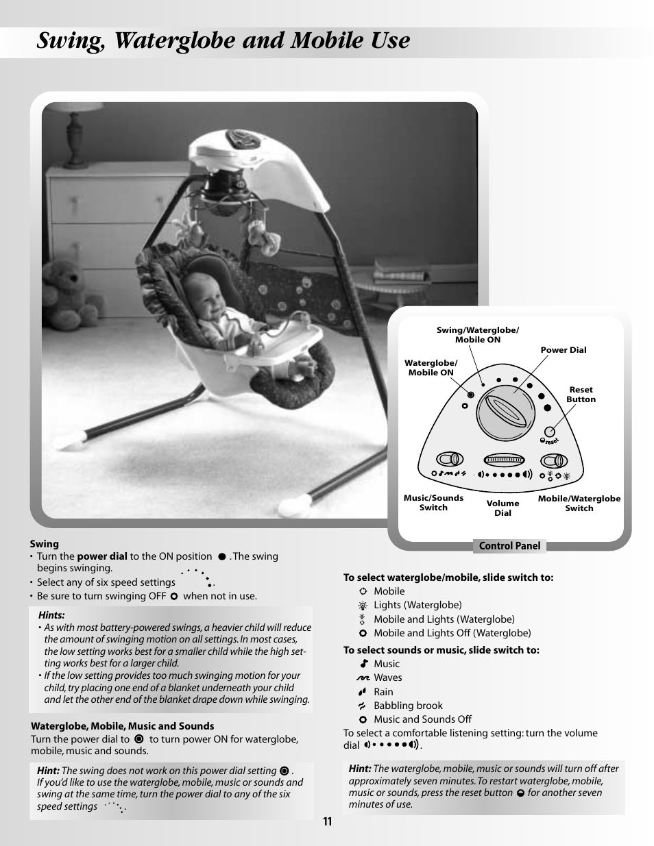 Swing, waterglobe and mobile use | Fisher-Price OCEAN WONDERSTM AQUARIUM CRADLE SWING 79667 User Manual | Page 11 / 12