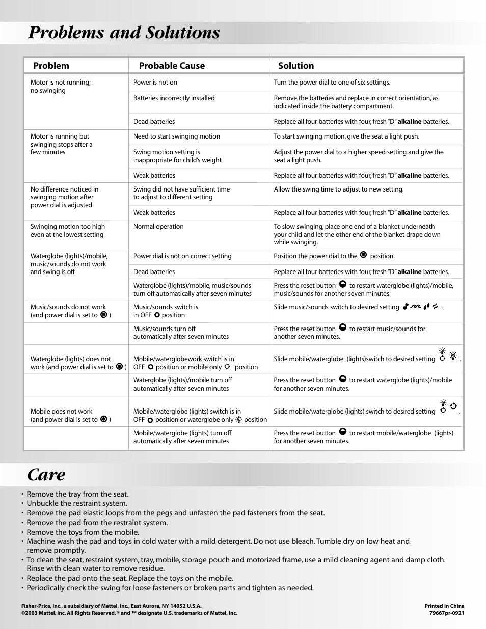Problems and solutions, Care, Problem probable cause solution | Fisher-Price OCEAN WONDERSTM AQUARIUM CRADLE SWING 79667 User Manual | Page 12 / 12