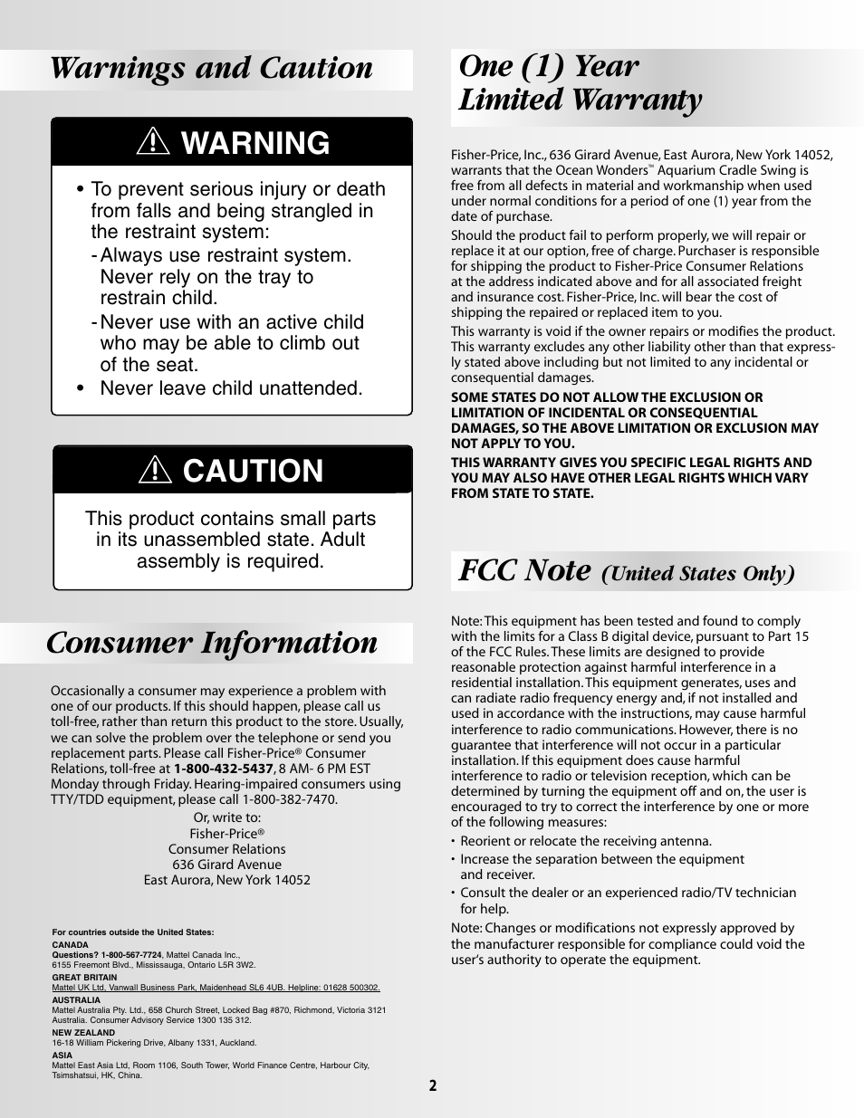 Warnings and caution, One (1) year limited warranty, Caution | Warning, United states only) | Fisher-Price OCEAN WONDERSTM AQUARIUM CRADLE SWING 79667 User Manual | Page 2 / 12