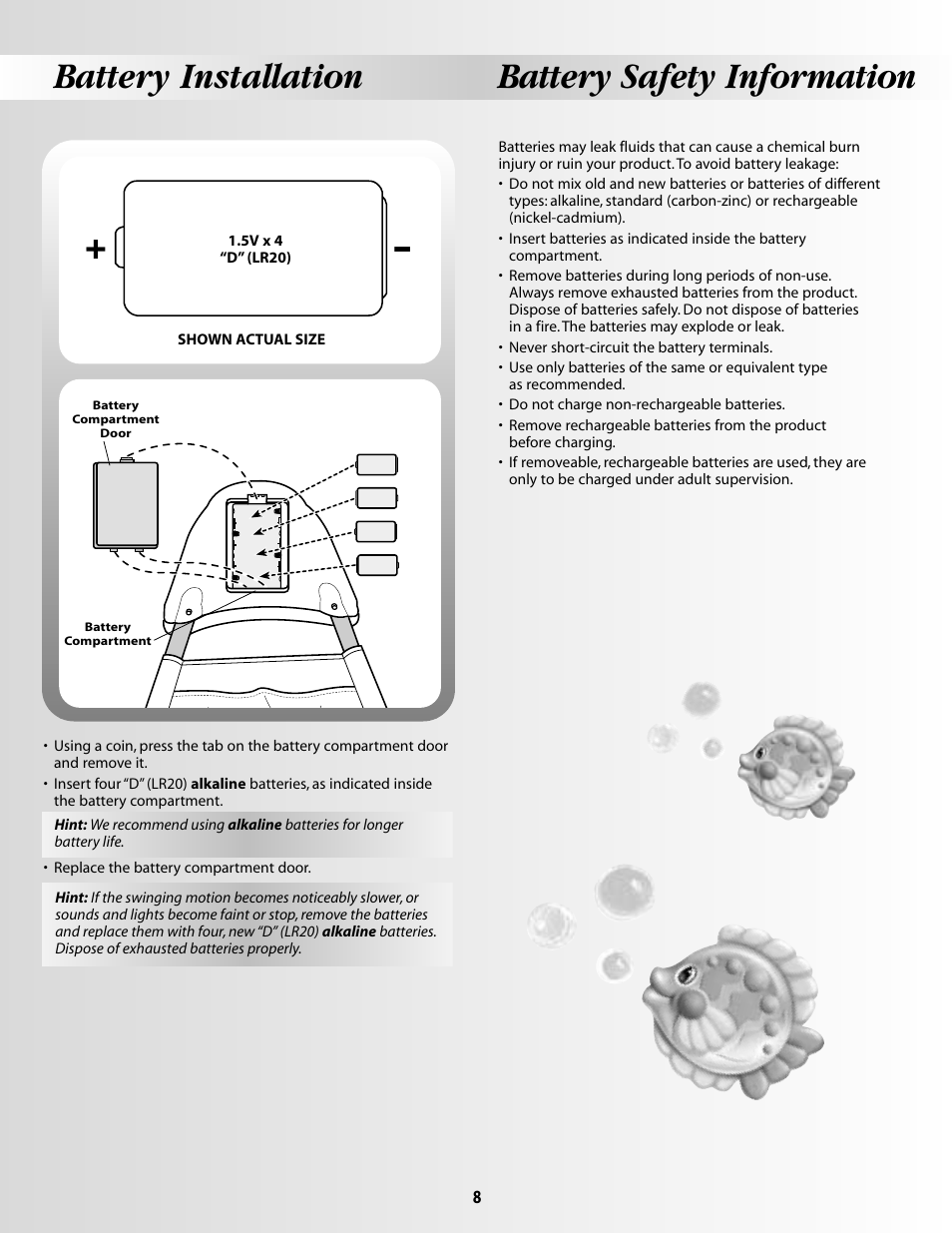 Battery installation battery safety information | Fisher-Price OCEAN WONDERSTM AQUARIUM CRADLE SWING 79667 User Manual | Page 8 / 12