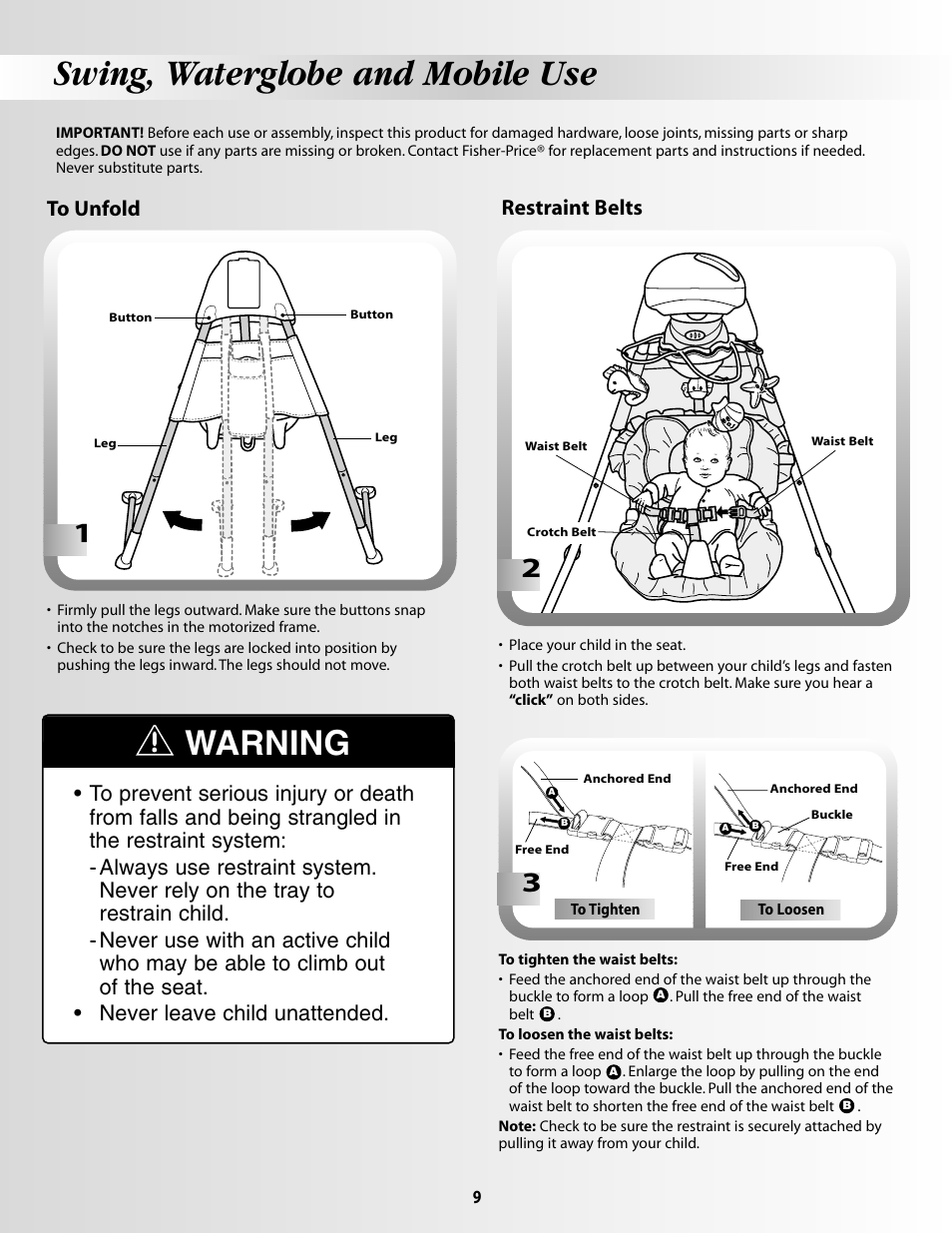 Swing, waterglobe and mobile use, Warning | Fisher-Price OCEAN WONDERSTM AQUARIUM CRADLE SWING 79667 User Manual | Page 9 / 12