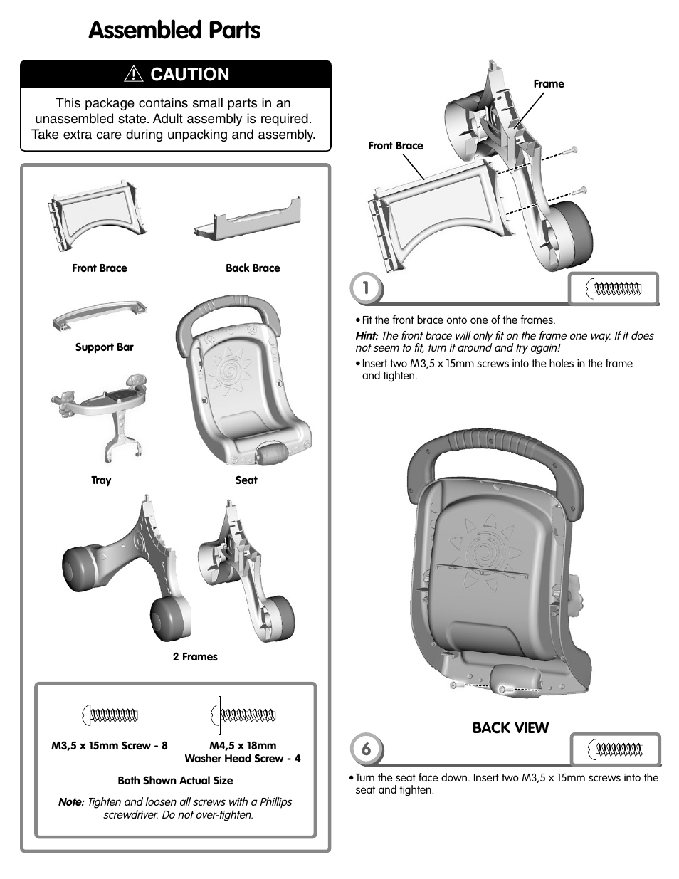 Assembled parts, Caution 1 | Fisher-Price M9523 User Manual | Page 2 / 6