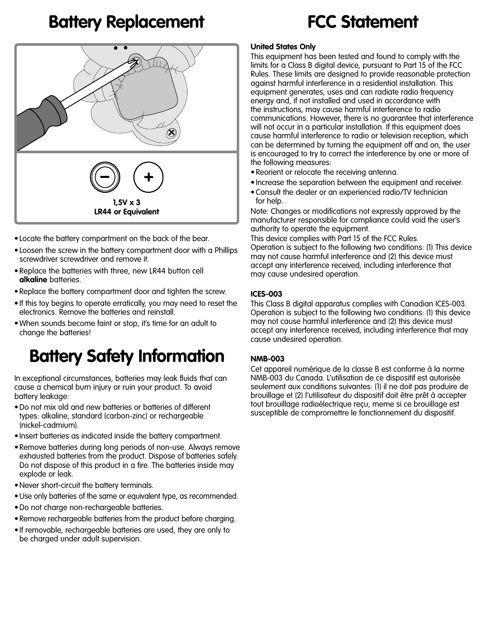 Battery replacement, Battery safety information fcc statement | Fisher-Price M9523 User Manual | Page 5 / 6