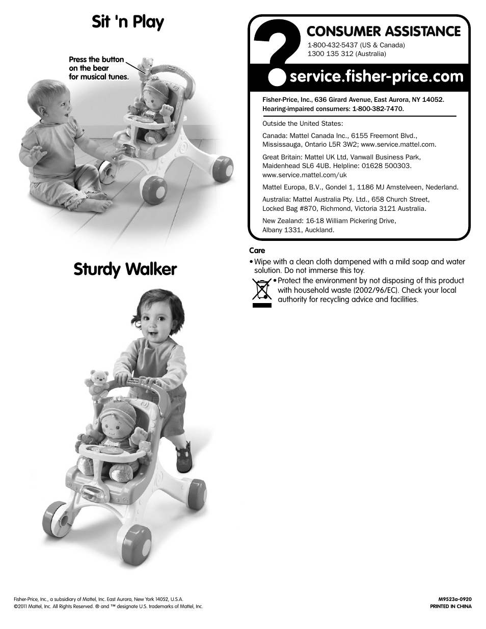 Sit 'n play, Sturdy walker, Consumer assistance | Fisher-Price M9523 User Manual | Page 6 / 6