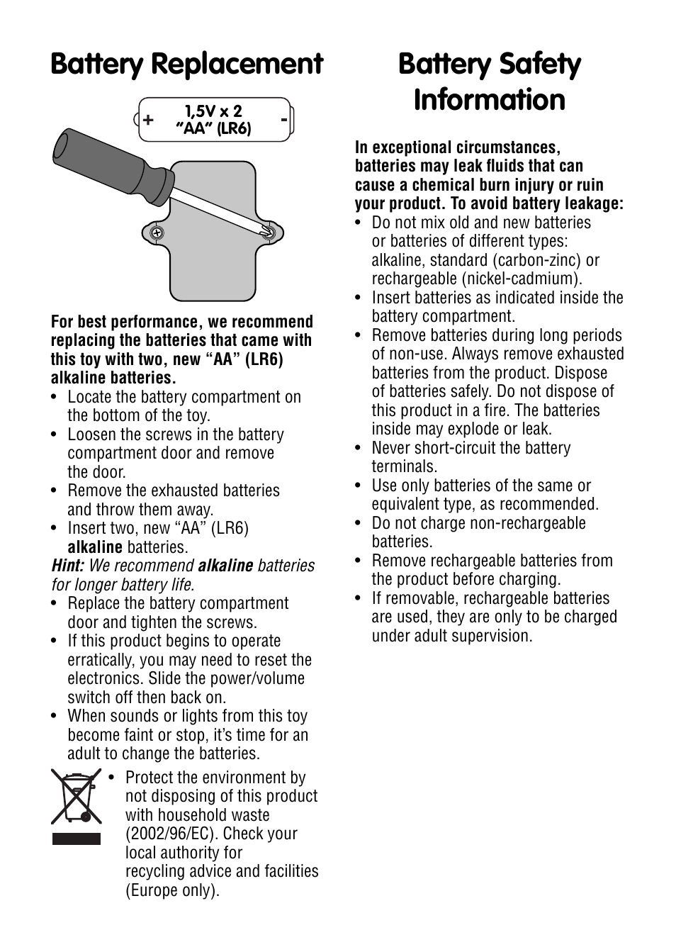 Battery replacement battery safety information | Fisher-Price W1669 User Manual | Page 2 / 4