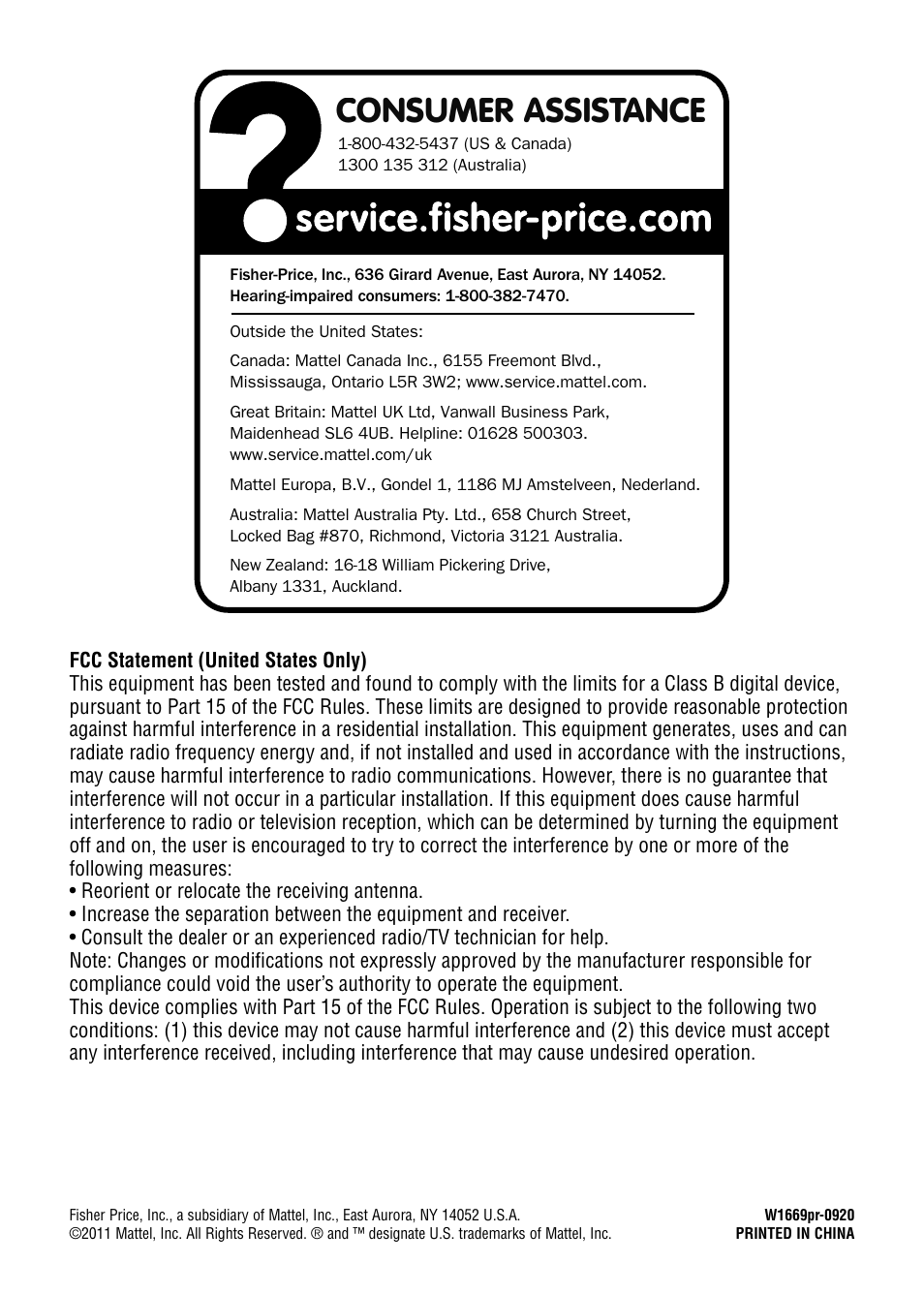 Consumer assistance | Fisher-Price W1669 User Manual | Page 4 / 4