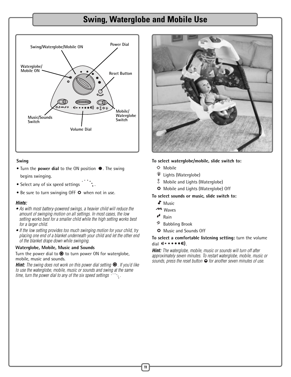 Swing, waterglobe and mobile use | Fisher-Price H7185 User Manual | Page 11 / 12