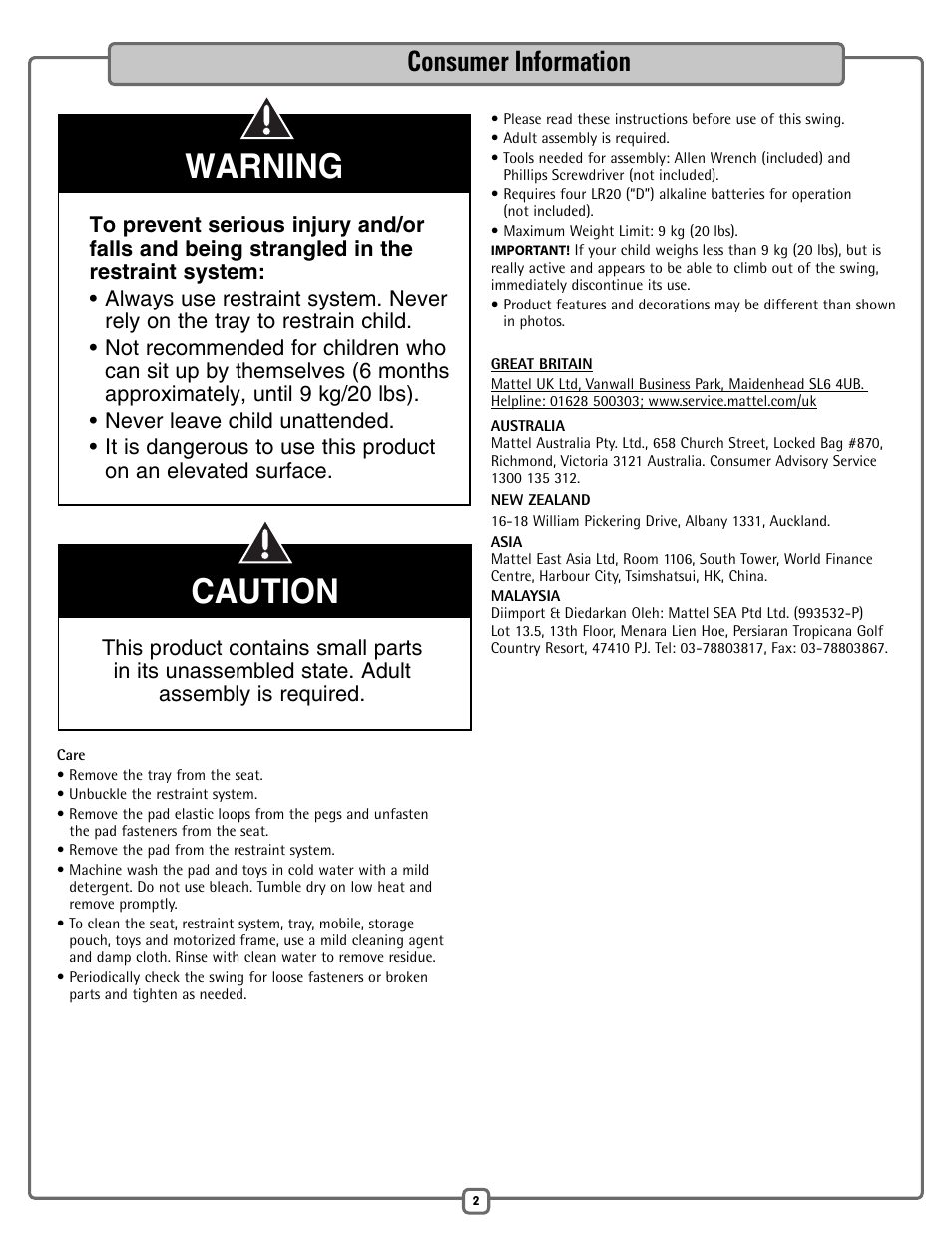 Warning caution, Consumer information | Fisher-Price H7185 User Manual | Page 2 / 12