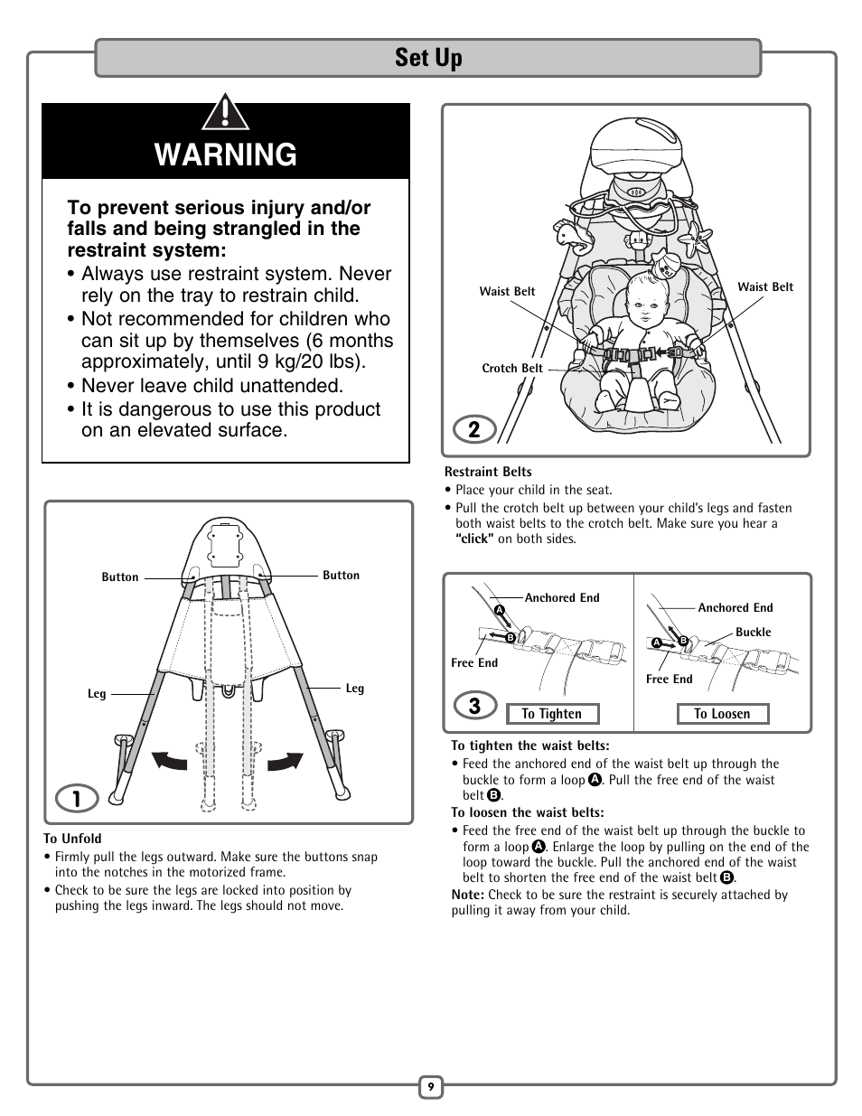 Warning, Set up | Fisher-Price H7185 User Manual | Page 9 / 12