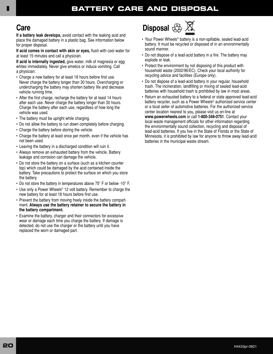 Care, Disposal, Battery care and disposal | Fisher-Price BARBIE H4433 User Manual | Page 20 / 28