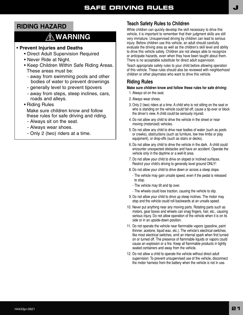 Warning, Riding hazard, Safe driving rules | Fisher-Price BARBIE H4433 User Manual | Page 21 / 28