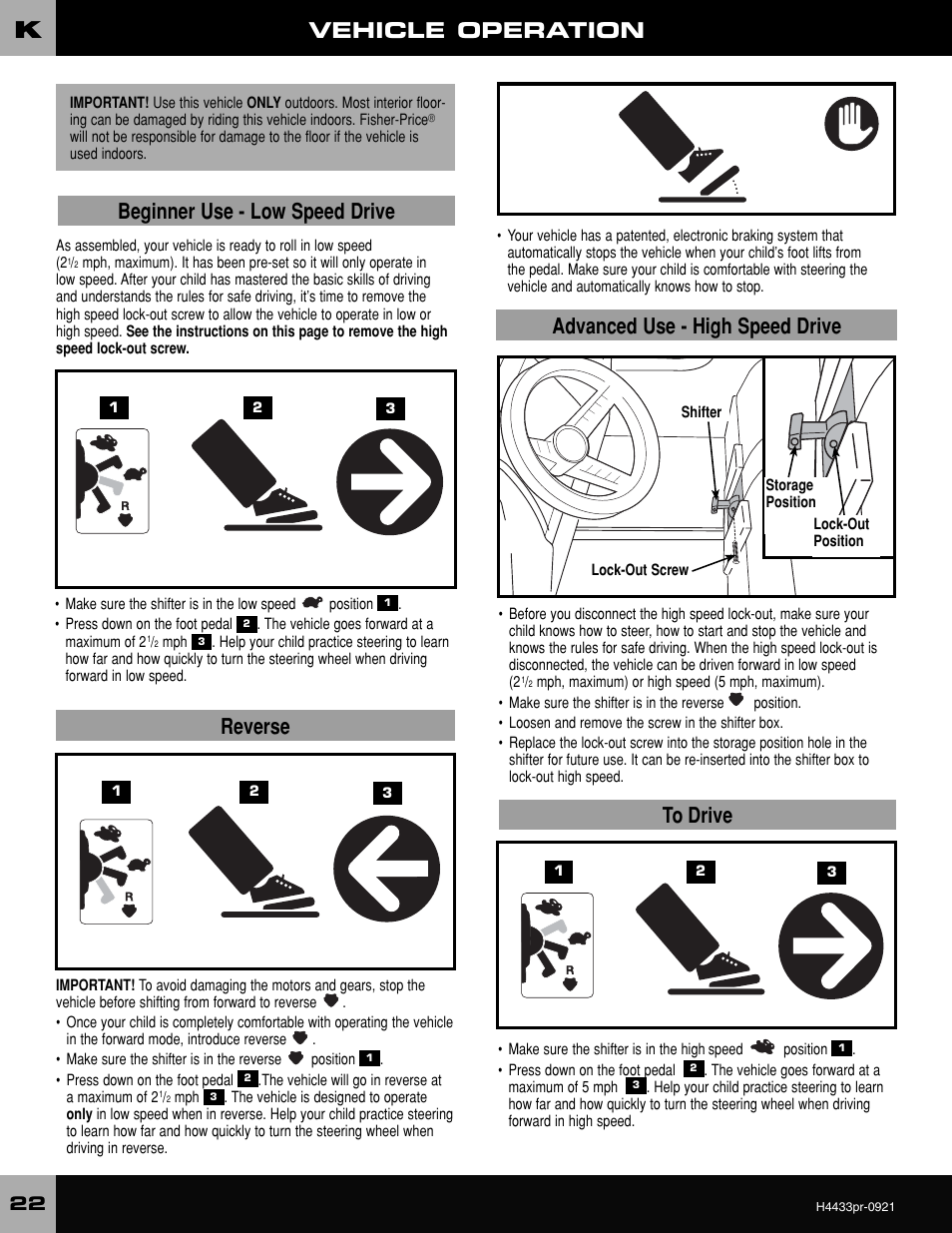 Vehicle operation, Reverse, Beginner use - low speed drive | Advanced use - high speed drive | Fisher-Price BARBIE H4433 User Manual | Page 22 / 28