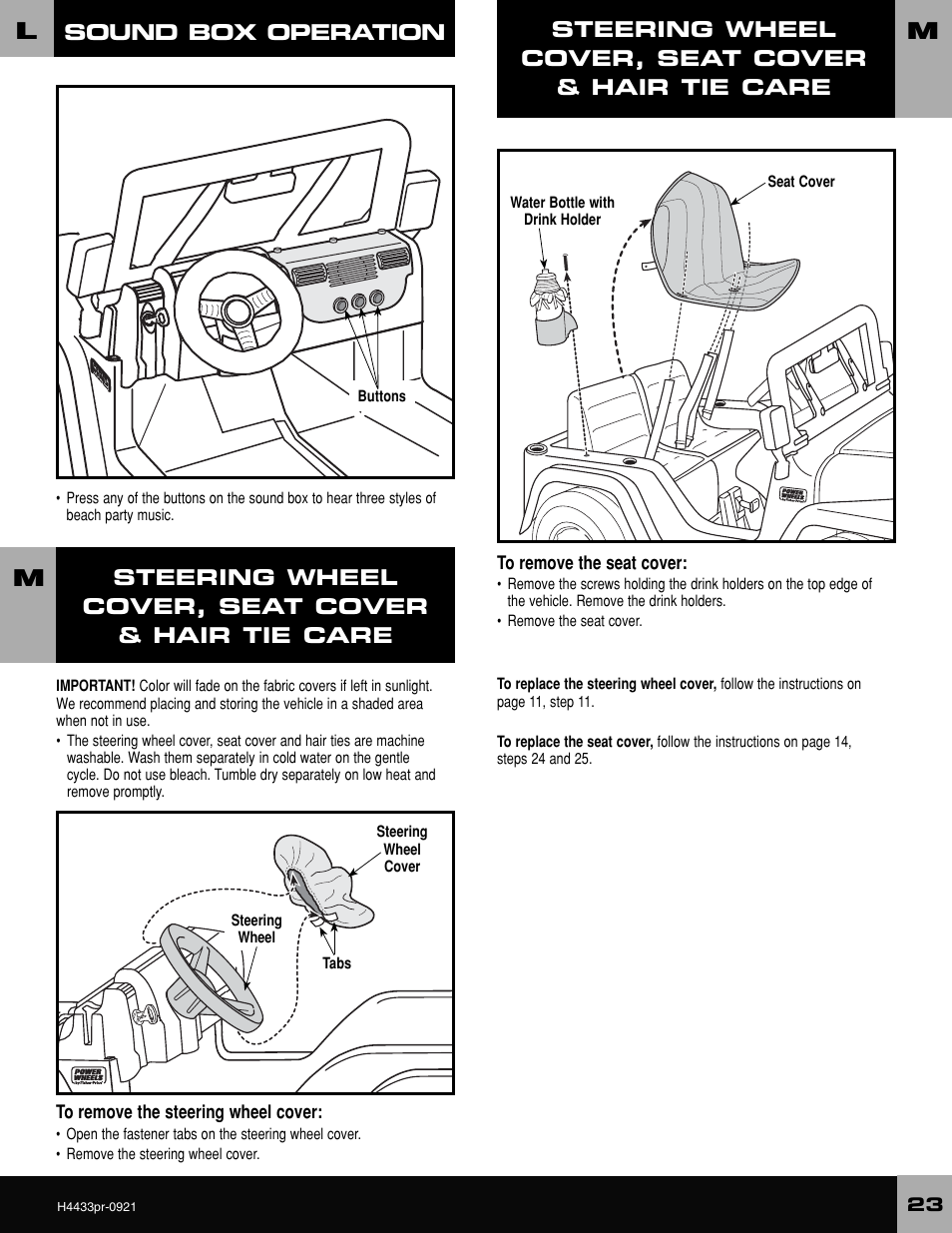 Sound box operation, Steering wheel cover, seat cover & hair tie care | Fisher-Price BARBIE H4433 User Manual | Page 23 / 28