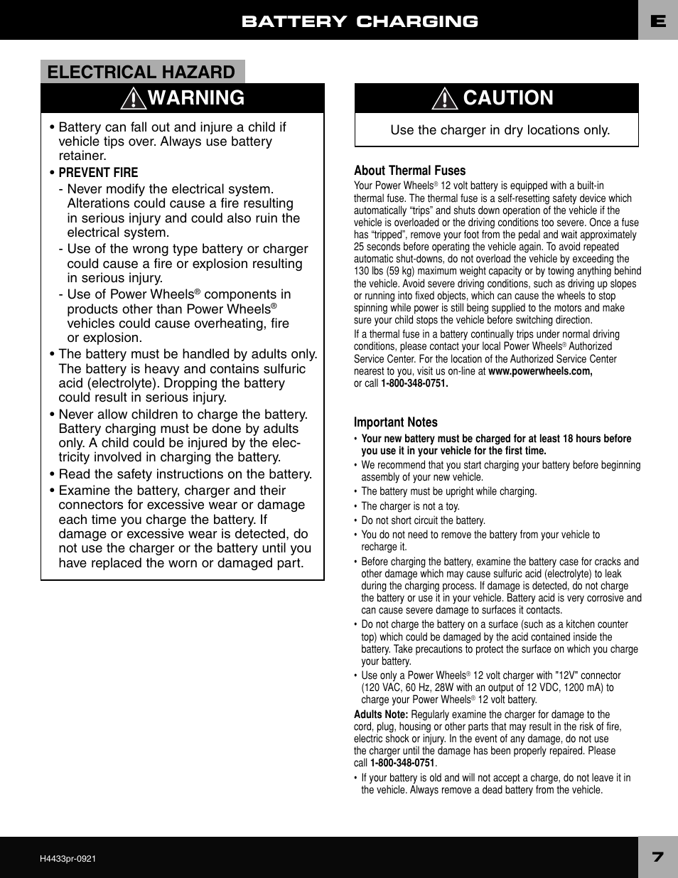 Warning caution, Electrical hazard, Battery charging | Fisher-Price BARBIE H4433 User Manual | Page 7 / 28