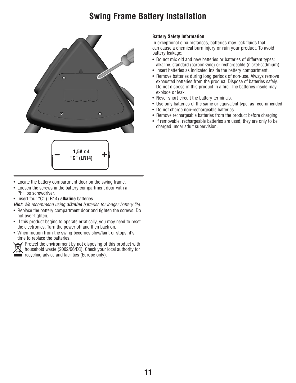 Swing frame battery installation | Fisher-Price T3643 User Manual | Page 11 / 20
