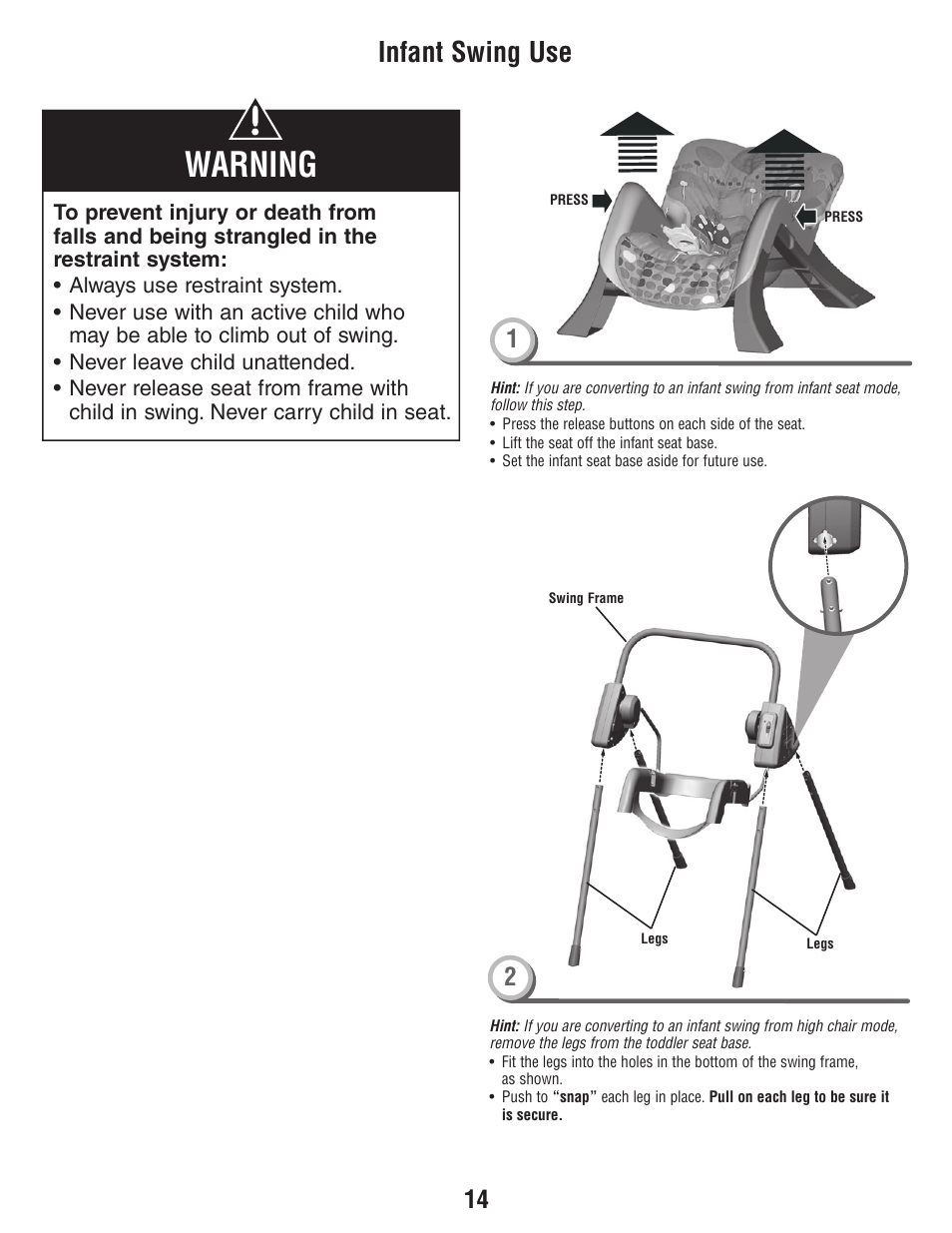 Warning, Infant swing use | Fisher-Price T3643 User Manual | Page 14 / 20