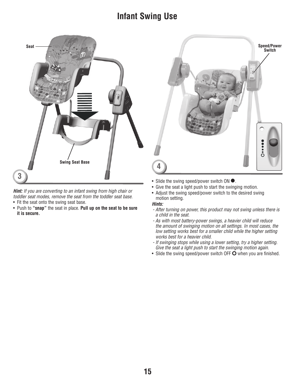 Infant swing use | Fisher-Price T3643 User Manual | Page 15 / 20