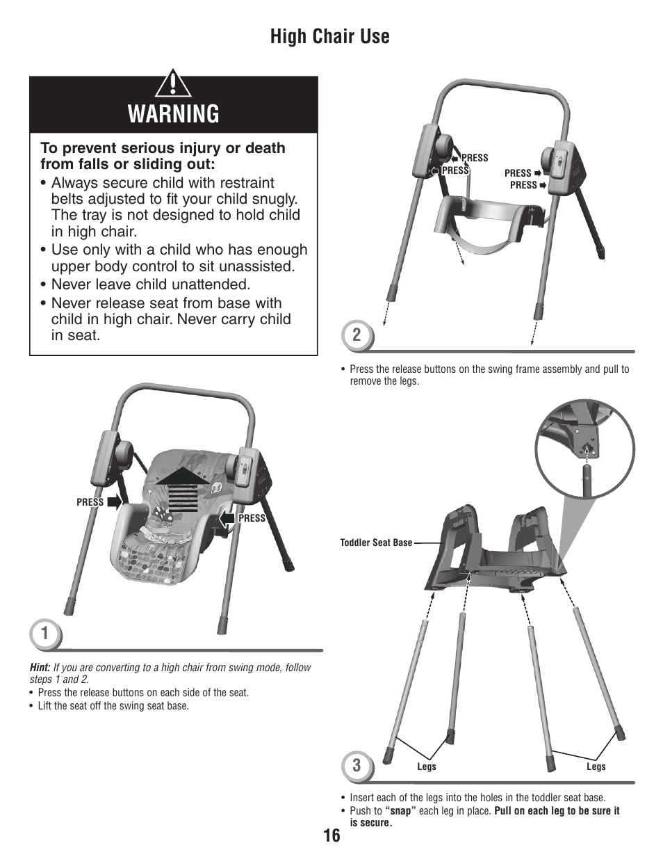 Warning, High chair use | Fisher-Price T3643 User Manual | Page 16 / 20