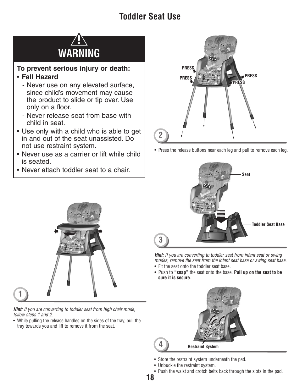 Warning, Toddler seat use | Fisher-Price T3643 User Manual | Page 18 / 20